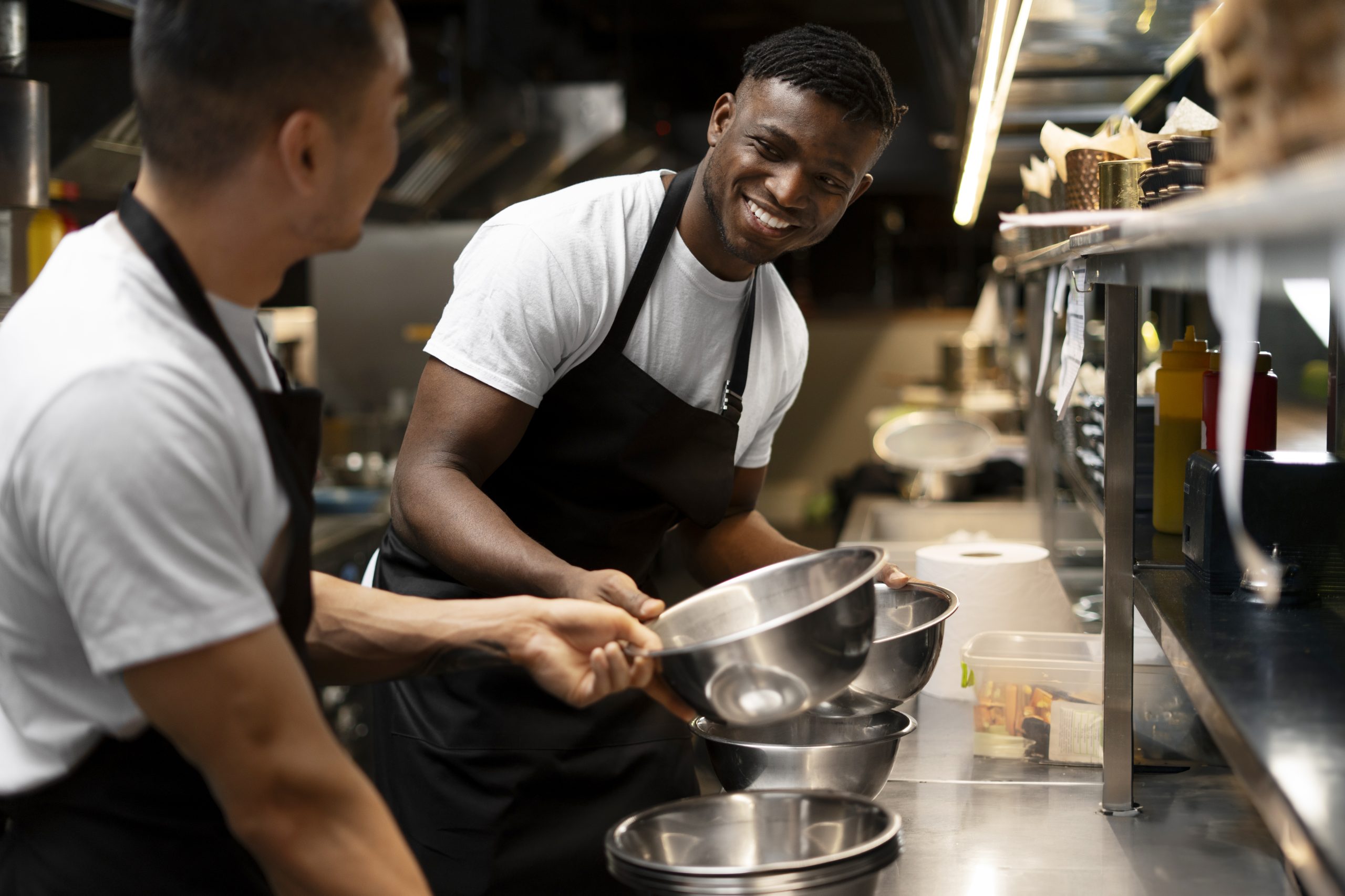Chef working in a restaurant kitchen during a content shoot